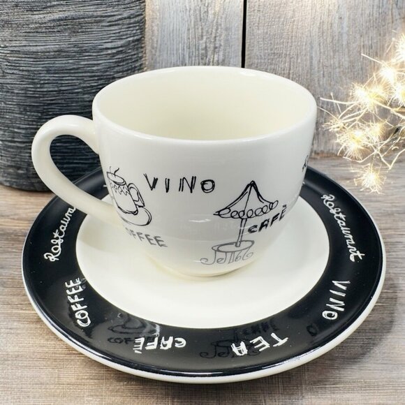 Pier 1 ENGLAND ANGLETERRE Ceramic Teacup And Saucer Set Vino Coffee Black White - Picture 1 of 15